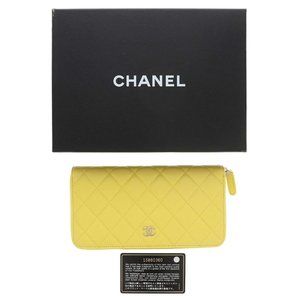 New Chanel Quilted Caviar Yellow Leather Zip Around Wallet